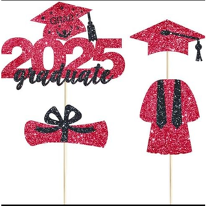 4 Pcs 2025 Graduate Cake Topper Red Glitter Congrats Grad Cake Topper Class of 2025 Cake Decor for 2025 Senior High School/College/University Happy 2025 Graduation Party Supplies Decorations, 3pack