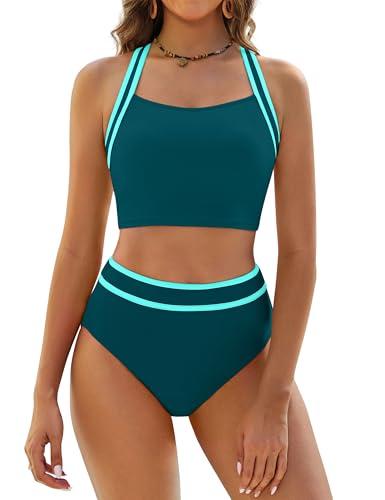 BMJL Women's High Waisted Bikini Sets Two Piece Swimsuits Sporty Tummy Control Bathing Suit Color Block Swim Suit (Large, Blue)