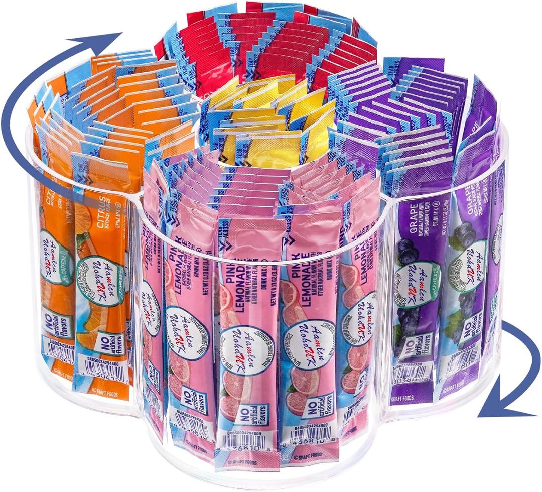 Drink Packet Organizer, 360 Degrees Rotating Acrylic Lazy Susan Organizer for Powdered Drink Mix Powder Packet, Water Flavor Packet Holder for Kitchen Pantry Storage, 5-Section (Flower)