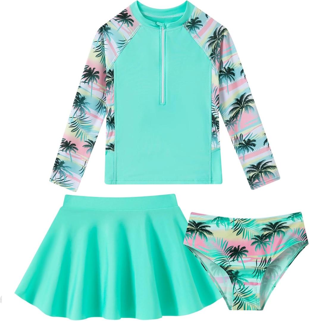 Girls Rash Guard 3 Piece Swimsuit Set UPF 50+ Long Sleeve Swim Skirt Sets Size: 11-12 Years (Palm Tree)