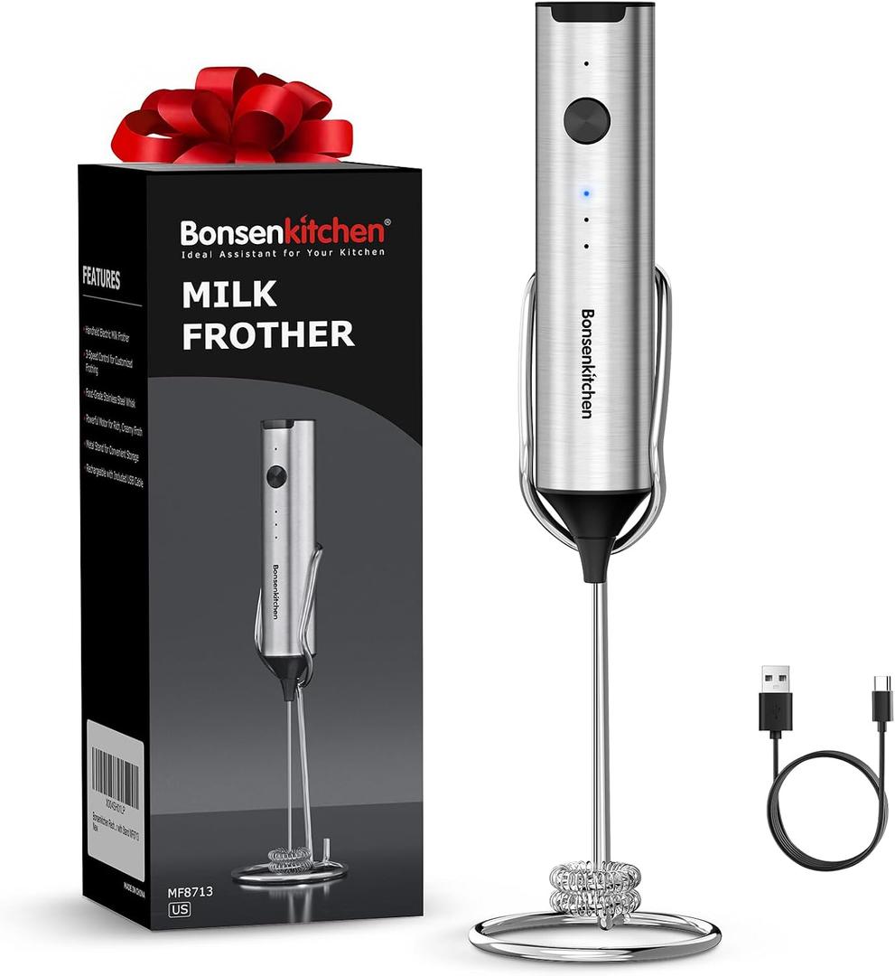 Bonsenkitchen Rechargeable Milk Frother with Stand, 3-Speed Handheld Coffee Frother, Dual Spring Whisk Electric Hand Frother Wand Drink Mixer for Matcha Lattes Cappuccino, Kitchen Gifts