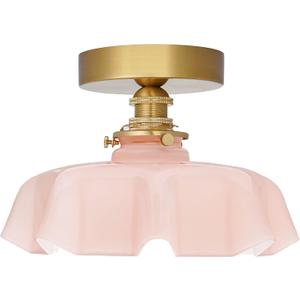 9.4in Vintage Pink Flush Mount Ceiling Light Fixture  Brass Semi Flush Mount Lighting with Flower Glass Shade for Closet, Small Rooms  Compact Indoor Light for Hallway Entryway Porch, Bulb Not