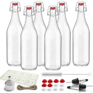 6 Pack [1 Liter / 33 fl. oz.] Swing Top Glass Bottles  Airtight Flip Top Brewing Bottles for Kombucha, Beer, Wine, Kefir, Soda, Liquor  Includes Funnel, 2 Pourers, 6 Seals, 8 Labels & Jute Twine