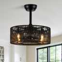 Boho Black Caged Ceiling Fan with Lights, Rattan Ceiling Fan Lighting with Remote Control 6 speeds, 3 Timing for Living Room Bedroom Dining Room Kitchen, 18 inch