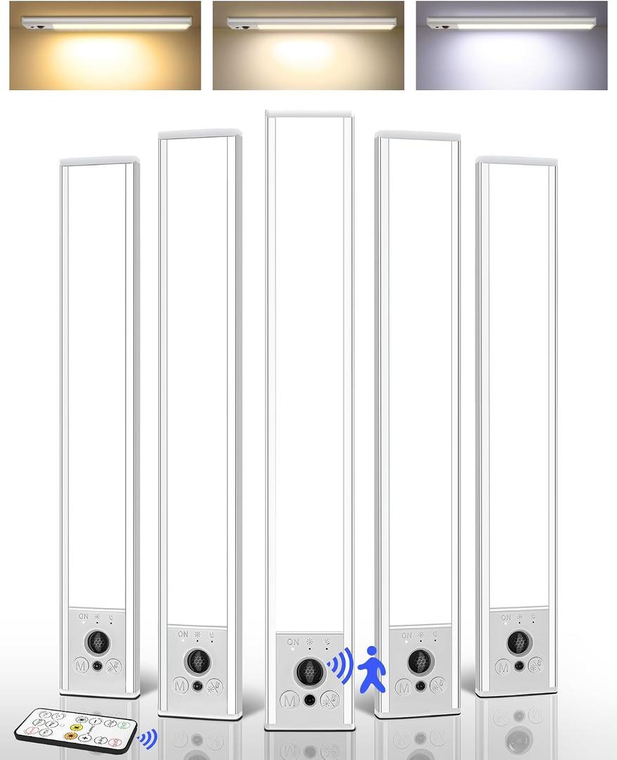 EZVALO 5-Pack Under Cabinet Lighting, 3300mAh Rechargeable Motion Sensor Light, 12inch Magnetic Closet Lights with Dimmable & 3 Color Temps, Wireless Motion Activated Lights with Remote for Kitchen