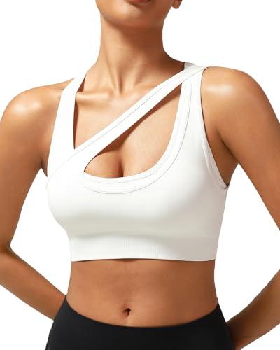 RUNNING GIRL Sports Bras for Women, Seamless Ribbed Sports Bra High Support Workout Racerback White Bra Padded Push Up (WX3038White,L)