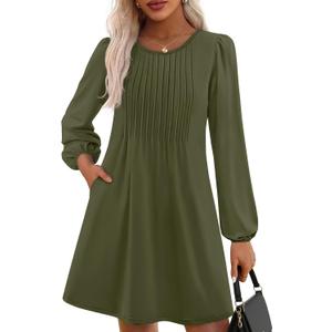 PRETTYGARDEN Fall Dresses for Women 2026 Long Sleeve Mini Short Flowy A Line Casual Holiday Party Tunic Dress Fashion Clothes (Green, L)