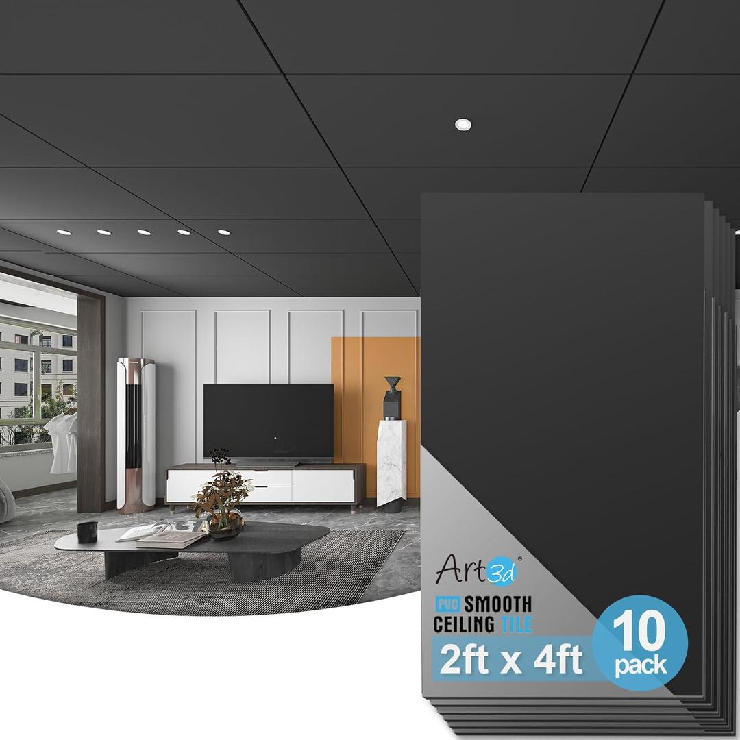 Art3d 10-Pack Smooth Drop Ceiling Tile 2ft x 4ft - Fire-Rated, Waterproof, Reusable - Premium PVC, No Sag and Breakage - Cover 80 Sq. Ft, Black
