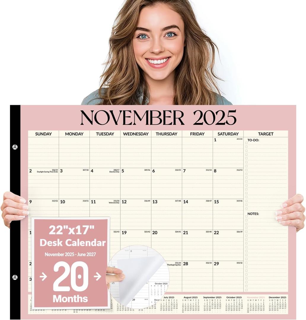 Forvencer 22" x 17" Large Desk Calendar 2026, 20 Months Calendar Runs from November 2025 to June 2027, 2026 Desk Calendar Monthly Planner with Plastic Cover for Home School Office, Pink