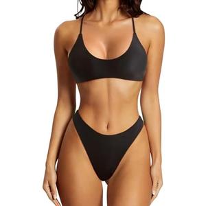 SUUKSESS Women High Waisted Thong Bikini Set Reversible String 2 Piece Swimsuit Medium