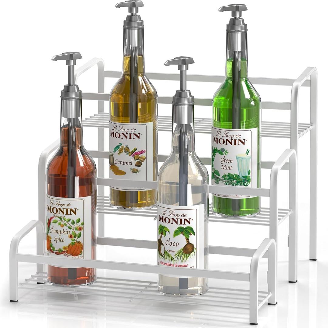 Coffee Syrup Organizer 3-Tier, 12 Bottles Capacity Coffee Syrup Rack, Metal Syrup Stand for Spice, Liquor, Bottle, Coffee Bar Station Racks Magnetic, No Installation, White