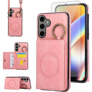 Compatible with Samsung Galaxy S26 Plus S26+ 5G Wallet Case and Screen Protector Crossbody Shoulder Strap Ring Buckle Stand Card Holder Magnetic Car Mount Phone Cover for S26Plus 26S + S 26 26+ Pink