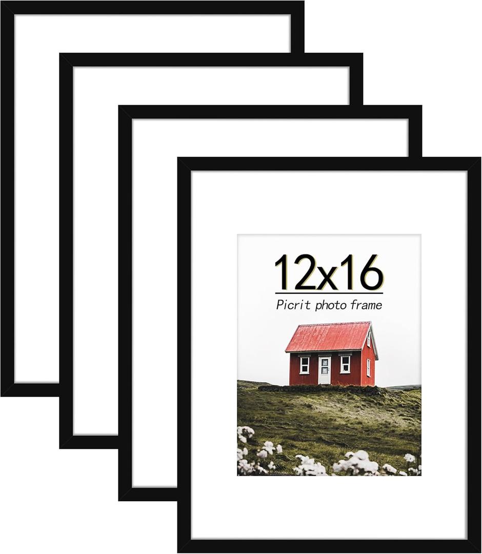 Picrit 12x16 Picture Frame Set of 4, Made of High Definition Real Glass, Display 8.5x11 with Mat or 12x16 without Mat, Photo Frames for Wall Mounting Display, Black