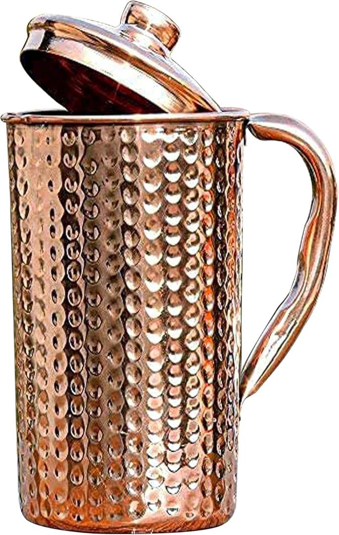 Pure Copper Water Pitcher with Lid – 40 oz (1200 ml) Hammered Copper Jug, Medium Size Solid Copper Carafe for Home, Hotel, Kitchen & Gifting