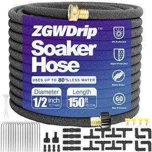 150FT 1/2" Water-Saving Soaker Hose with Solid Brass Connectors, Drip Irrigation Kit for Lawn & Landscaping with Metal Ground Stake & Accessory Kit