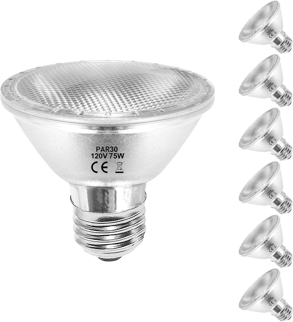 PAR30 Short Neck Halogen Flood Light Bulbs, 6 Pack, 120V 75W, Dimmable PAR30 Light Bulb, E26 Base, 2700K Warm White, Long Lasting High Output for Accent Lighting, Tracking Lighting