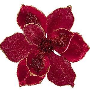Briful 10’’ Large Heads Christmas Glitter Magnolia Flowers Christmas Tree Ornaments Set of 3 Giant Artificial Flowers with Long Stems for Xmas Tree Holiday Decorations, Red
