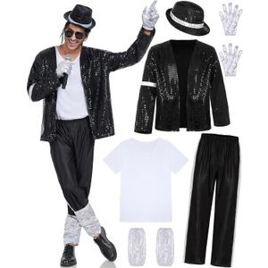 Mens Dance Star Costumes Adult 80s 90s Hip Hop Pop King Halloween Party Costumes for Men (Medium, Black)
