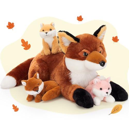 4Pcs Fox Stuffed Animal Set, Large Mommy Red Fox Plush 22 Inch with 3 Baby Foxes in Her Zippered Tummy, Christmas Plushie Toy Gift for Girls and Kids