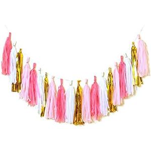 Qyeaber 20 pcs DIY Paper Tassel Tinsel Foil Tassel Party Garland Gold/Pink/Light Pink/Champagne, Fringe Garland Banner for Valentine‘s Day Wedding, Baby Shower, Birthday, Graduation, Party Decoration