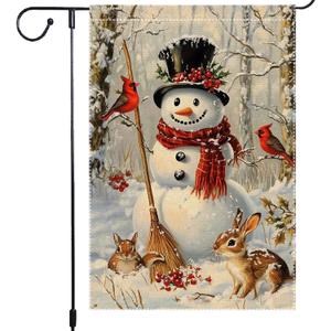 Snowman Garden Flag 12x18 Inch Double Sided Burlap Winter Cardinal Animal Scene Holiday Christmas Yard Flag Small Seasonal Outdoor Welcome Banner for House Porch Lawn Decor