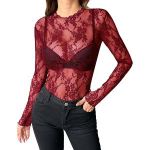 Zeagoo Womens Mesh Long Sleeve Tops Mock Neck Going Out See Through Shirts Sexy Sheer Blouses Clubwear M