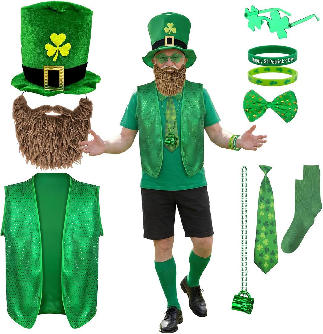 YQUQWN 10 Pcs St. Patricks Day Costume Accessories Set Leprechaun Outfit with Shamrock Hat Sequined Vest Bow Tie Glasses Necklace & Green Party Parade Decorations
