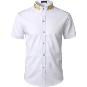 ZEROYAA Mens Hipster Gold Embroidery Mandarin Collar Slim Fit Short Sleeve Casual Dress Shirts (X-Large, White)