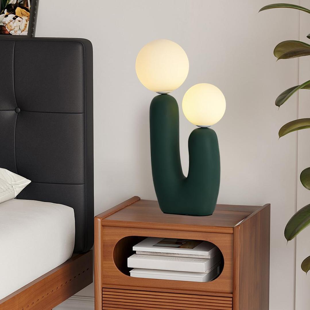 Modern Green Table Lamp Cactus Shape Resin Retro Table Light White Milk Globe Glass Light Fixtures for Living Room Bedroom Childrens Room Cafe Entrance