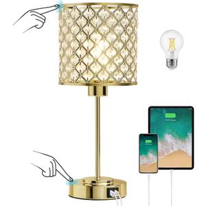 GyroVu Crystal Table Lamp, Crystal Touch Control with USB-C+A Ports, 3 Way Dimmable Gold Bedside Lamp with Bulb (17")