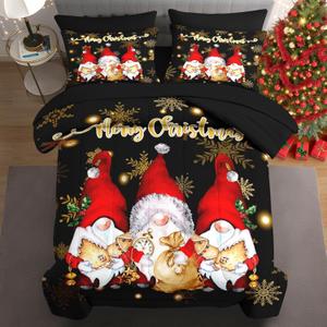 5 Pcs Twin Size Christmas Comforter Set with Pillowcase & Sham, Cute Cartoon Gnome Bedding for Kids and Adults, Golden Snowflakes Bed in a Bag with Flat Fitted Sheet