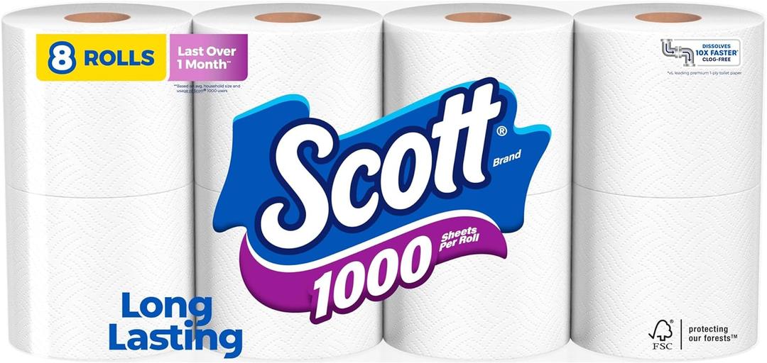 Scott 1000 Toilet Paper, 8 Rolls, Septic-Safe, 1-Ply Toilet Tissue Scott 1000 Toilet Paper, 8 Rolls, Septic-Safe, 1-Ply Toilet Tissue