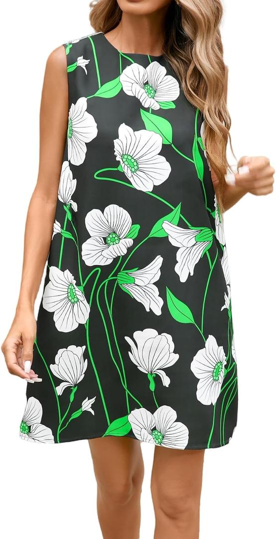 Women's Summer Sleeveless Floral Mini Shift Dress Cotton Linen Tank Dress | Classic Crewneck; Chic Floral Print; Back Zipper Closure; Perfect for Parties (Black, L)