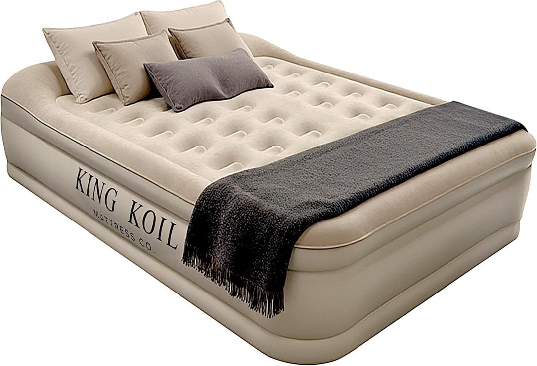 King Koil Luxury Queen Size Air Mattress with Built-in High-Speed Pump Best for Home, Camping, Guests, 13" Queen Size Luxury Double Airbed Adjustable Blow Up Mattress, Waterproof, (Beige)