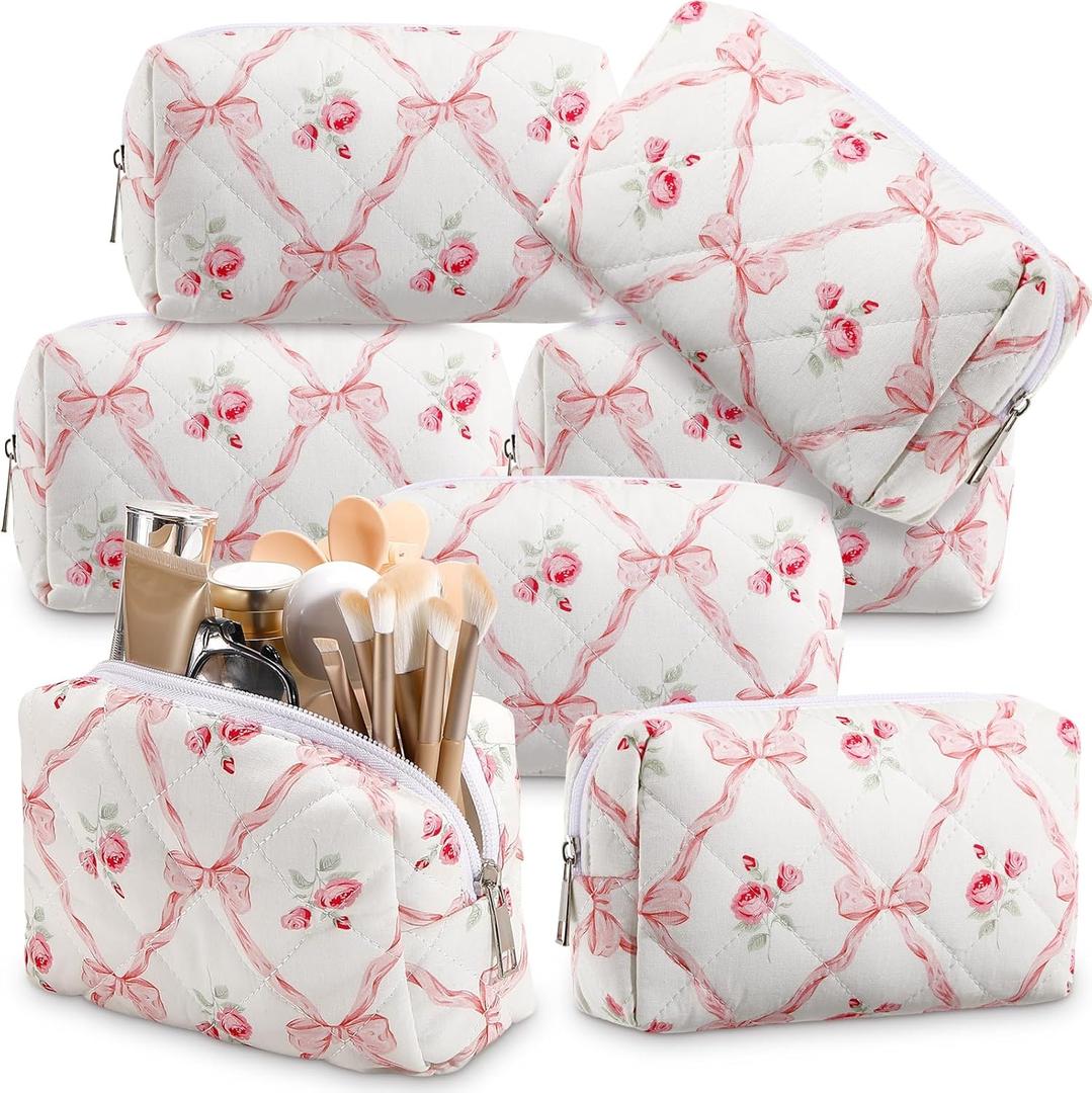 Paterr 6 Pcs Quilted Makeup Bag Bulk for Women Girls Birthday Valentine's Day Bridesmaid Gifts Cute Cotton Cosmetic Pouch Bow Floral Coquette Aesthetic Travel Toiletry Bag(Bowknot Rose, Pink)