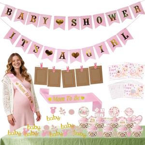 Girl Baby Shower Decorations Gender Reveal Party Supplies SetPink Welcome Baby BannerBodysuit Scatter DecorationsCake ToppersMom to Be SashBaby Shower Scratch Off Poop GamePaper Photo Frames