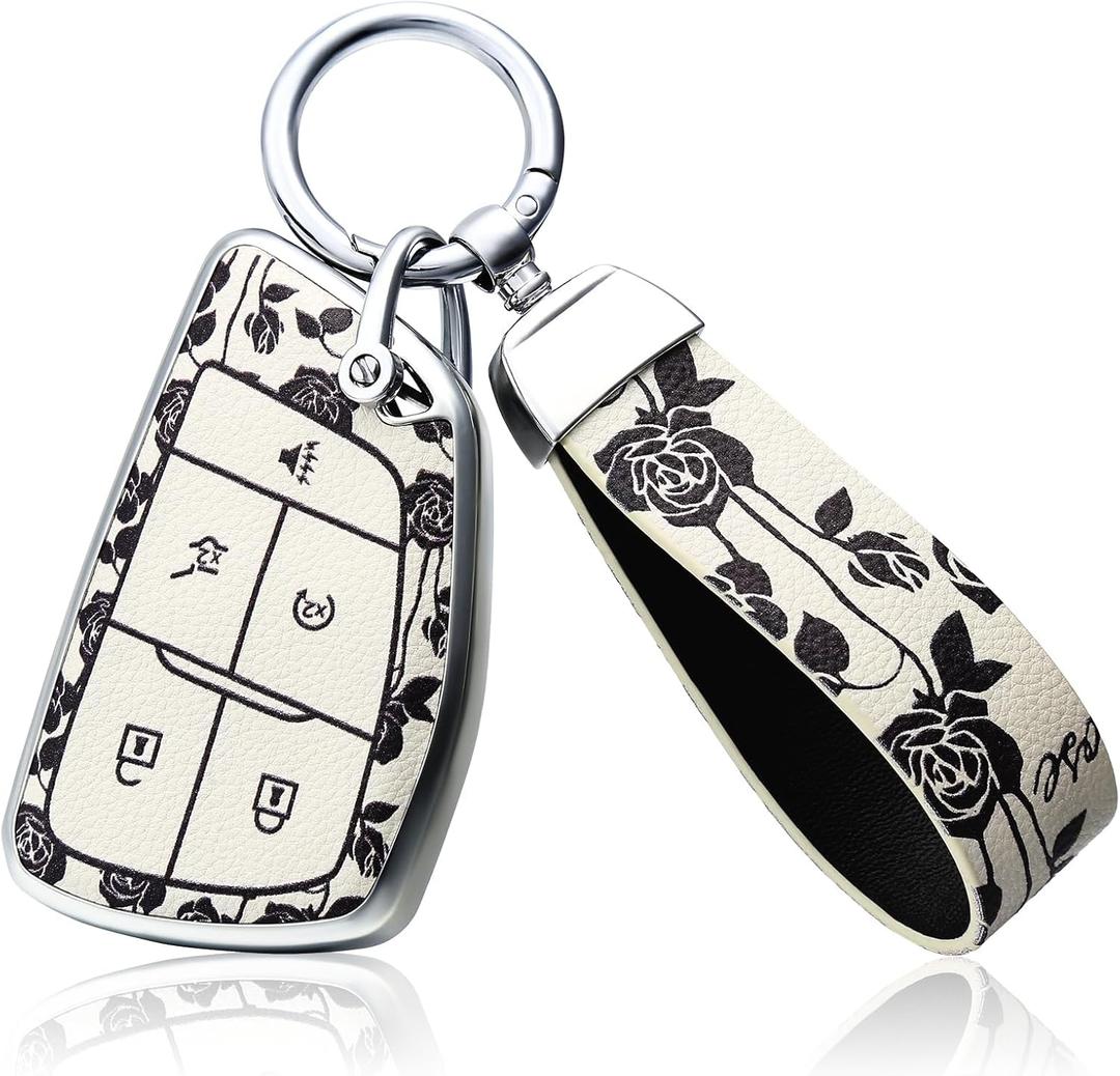 TPU and Leather Key Fob Cover Fit for Chevy Car Accessories,Remote Key Protector Compatible with2021-2023 Chevy Tahoe Suburban GMC Yukon Denali Silverado 5-Buttons (White Rose)