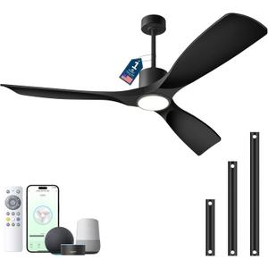 52" Smart Ceiling Fan with Lights,3 Blade Black Ceiling Fan,Work with Alexa/Gg/App/Remote,3-Color Light 6-Speed Quiet Reversible DC Motor for Patio Porch Living Room,Matte Black