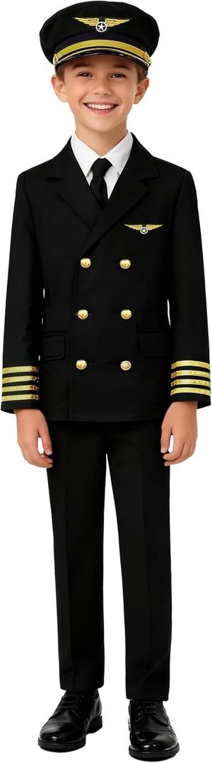 Kids Pilot Uniform Boys Airline Captain Costume for Halloween Cosplay Birthday Party Gifts (10-11 Years)