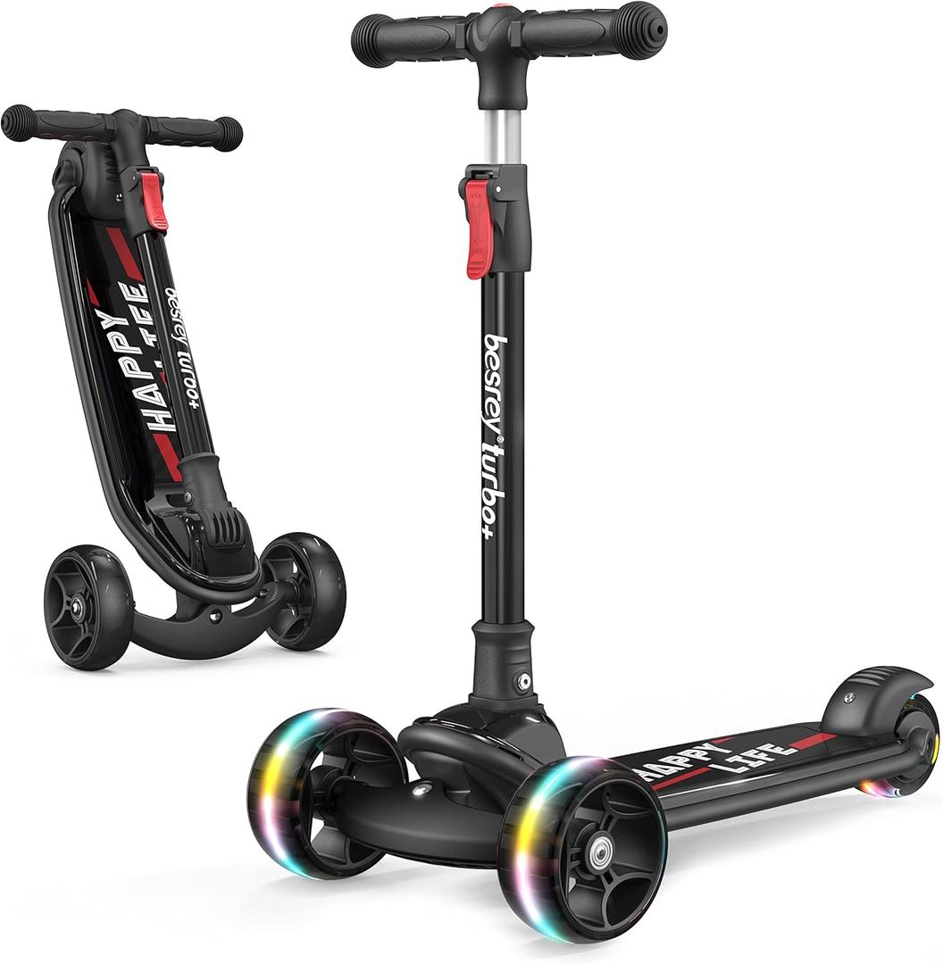 Besrey Kick Scooter for Kids Ages 3-10, 3-Wheel Folding Scooter with Adjustable Height, LED Light Wheels, Extra Wide Deck for Outdoor Activities (Black)