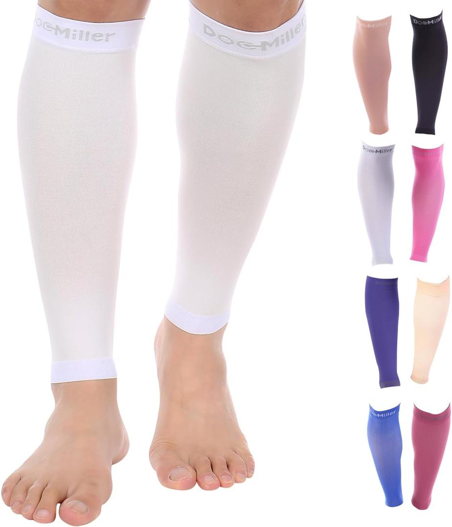 Doc Miller Compression Calf Sleeve for Men & Women, Premium Medical Grade, 15-20mmHg Graduated Support for Running, Calf Tear, Shin Splints, Knee High, Calf Sleeves, 1 Pair (Small, White)