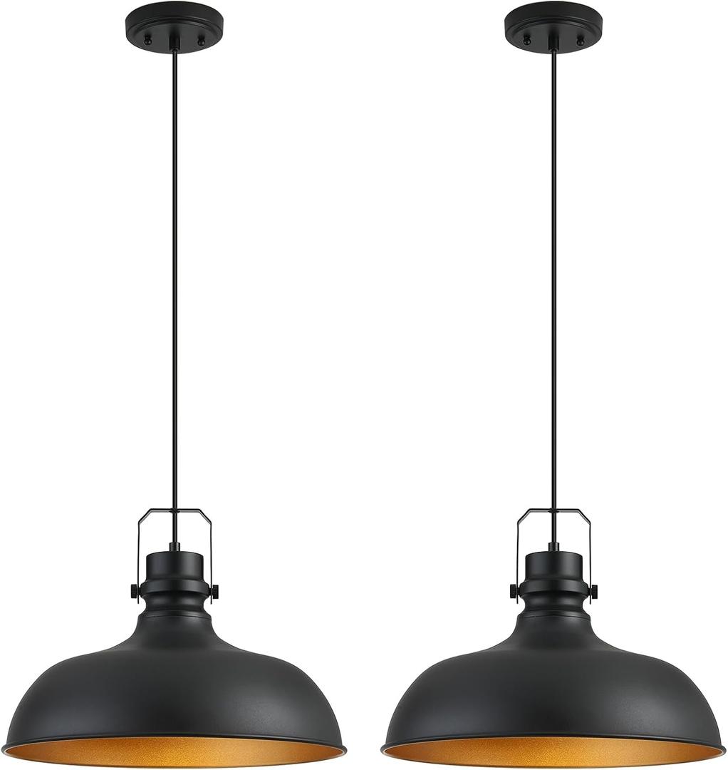 Black Farmhouse Pendant Lights 16 Inch Matte Pendant Lighting for Kitchen Island Industrial Adjustable Height Vintage Dome Hanging Light Fixtures for Barn, Dining Room 2 Packs, Large 2 Packs
