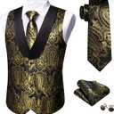Barry.Wang Mens Silk Lapel/Shawl Collar Vest Tie Sleeve Holder Set Formal/Casual Paisley Vests Wedding Tuxedo Waistcoat (Black)