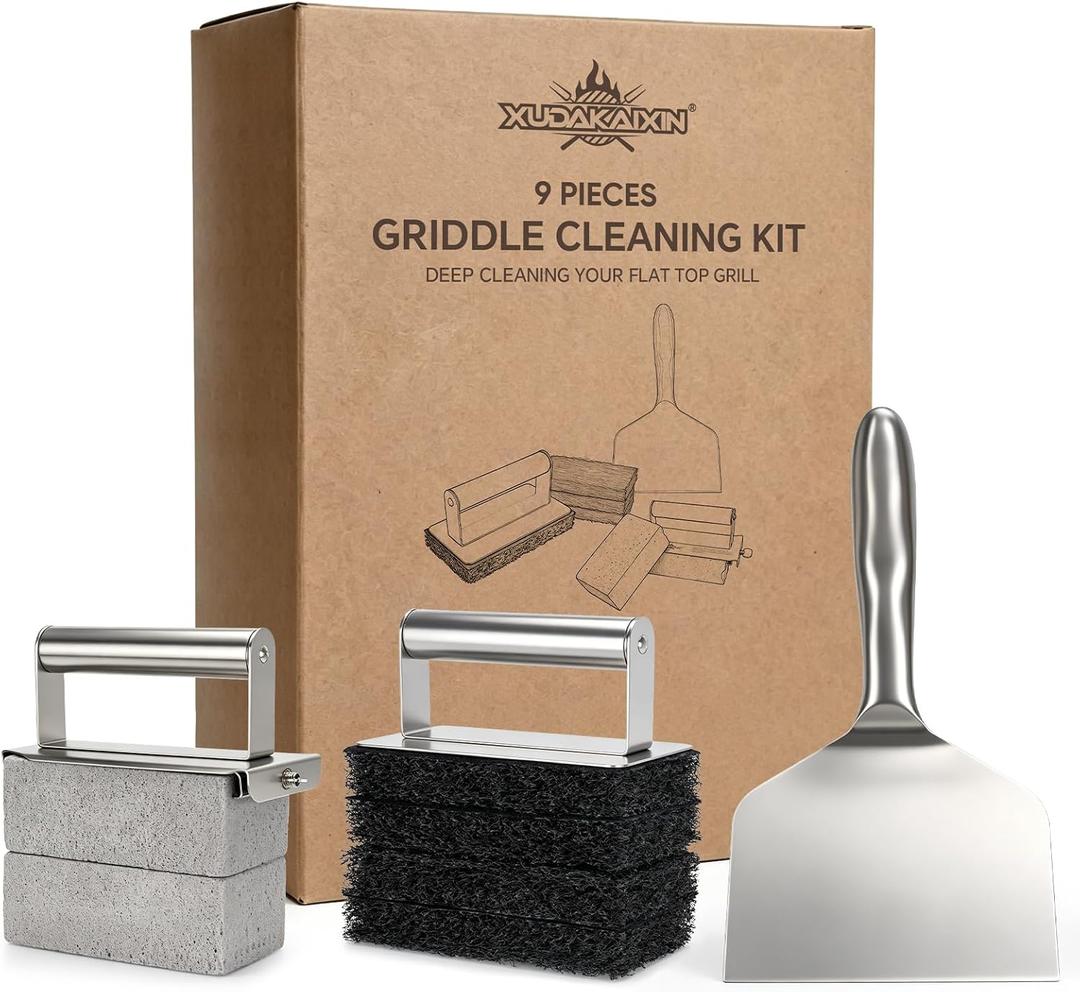 XUDAKAIXIN Premium Griddle Cleaning Kit for Blackstone, Flat Top Grill Cleaning Kit with Grill Brick, Scouring Pads & Scraper – Easy to Remove Grease and Residue