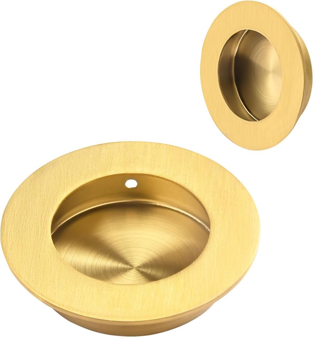 HOMOTEK 2 Pack Round Sliding Closet Door Handles Diameter 2-1/2 in(65mm) Brushed Gold Flush Pocket Pulls Recessed Bypass Door Handles, Stainless Steel Barn Door Finger Pull Set