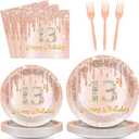 96 Pcs Happy 13th Birthday Decorations for Girls Rose Gold 13th Birthday Plates and Napkins Set Party Paper Supplies 13 Year Old Dessert Disposable Pink Gold Tableware Set for 24 Guests