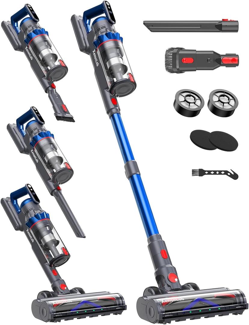 Cordless Vacuum Cleaner, 75Mins/55KPa/650W Self-Standing Stick Vacuum Cleaners for Home, Rechargeable, Lightweight, Cone Filtration&Anti-Tangle, for Hard Floor, Carpet, Hardwoods, Pet Hair (Haze-blue)