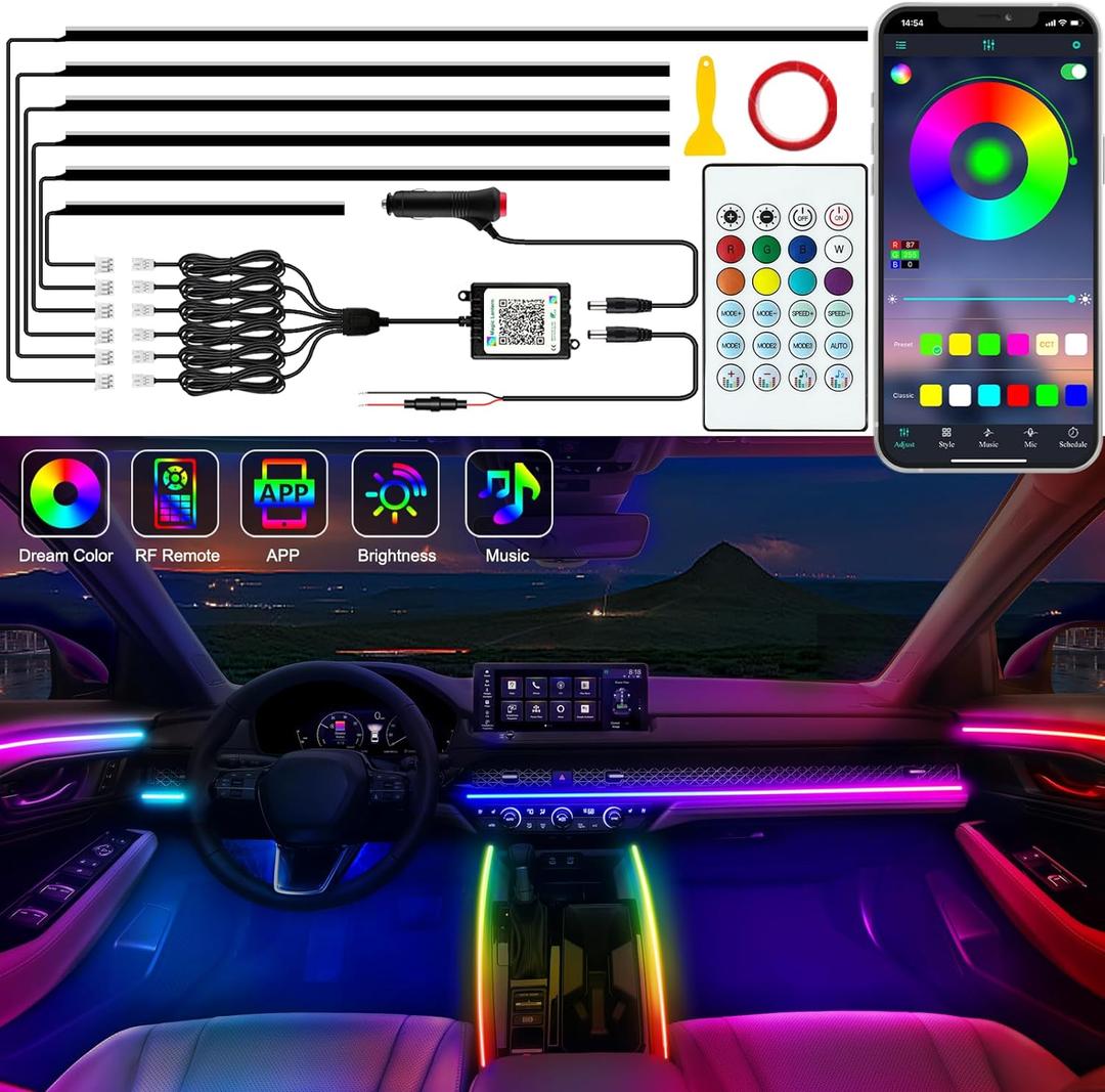 Interior Car LED Strip Lights, Acrylic LED Lights for Car with Dynamic Dreamcolor Chasing, Ambient Lighting Kits Music Sync Wireless APP and RF Remote Control (6 in 1) (6 in 1)
