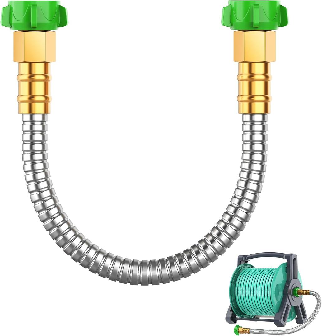 Short Metal Garden Hose 2 ft with Female to Female Connector Stainless Steel Small Leader Hose for Hose Reel, Long, Flexible, Lightweight & Heavy Duty Water Pipe, Outdoor Water Hose Extension Adapter