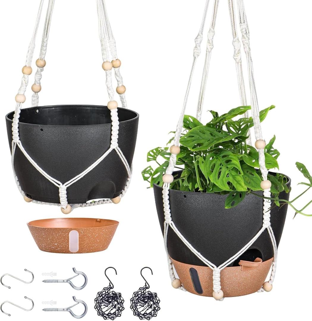 10 Inch Hanging Planters for Indoor Plants, 2 Pack Self Watering Hanging Baskets Flower Pots with Drainage Hole, Visual Reservoir & 2 Kinds of Plant Hanger for Outdoor Garden Home DecorBlack